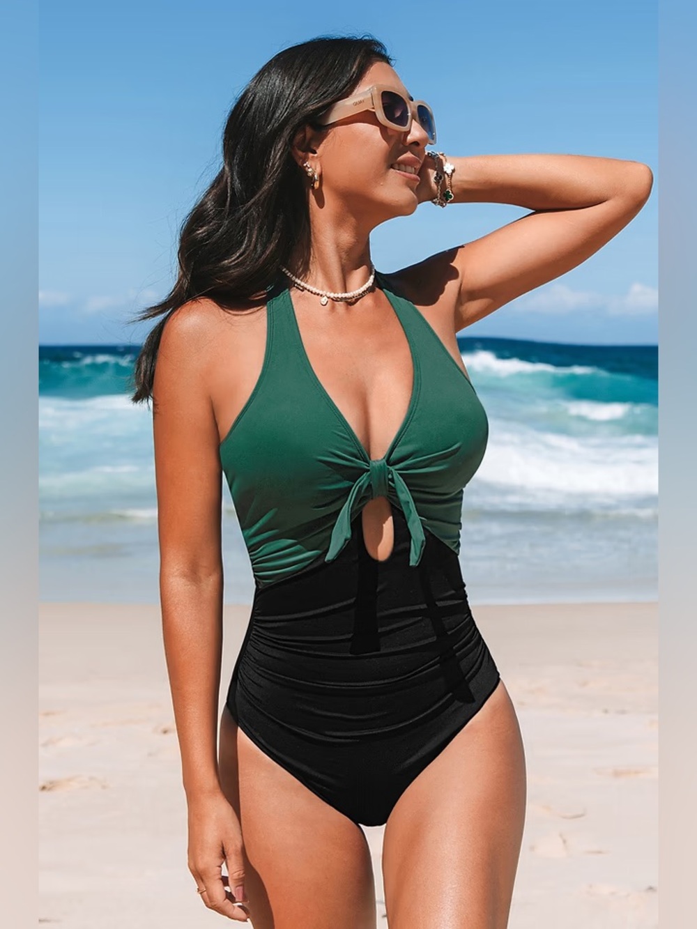 Cupshe Green and Black Tie-Front One-Piece Swimsuit
